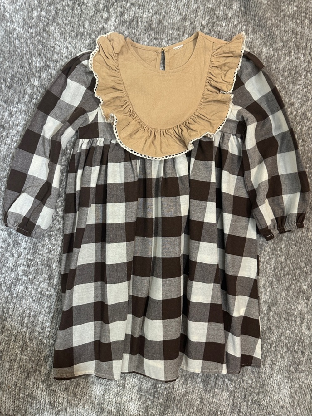 EUC brown gingham dress with tan ruffle lace trim bib collar details 5/6